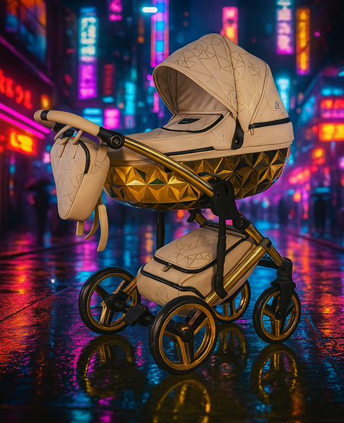 Junama Heart Diamond — beżowo-złoty wózek dziecięcy z gondolą w kształcie diamentu na złotym stelażu. Neonowe tło miejskie.